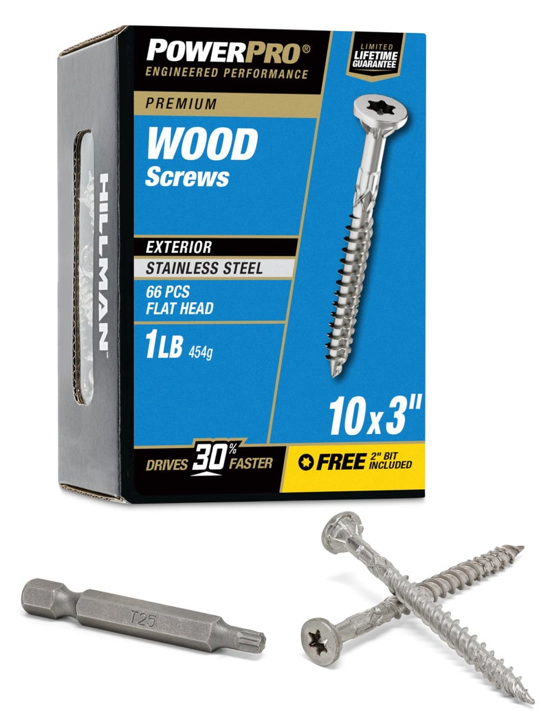 Power Pro Premium Exterior Wood Screws, #10 x 3 Inch All-Purpose Deck Screws for Outdoor Projects, T-25 Star Bit Included, Silver, 66 Pieces | 48623V4 - Image 1
